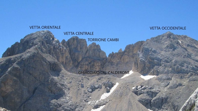 Le quattro vette del Corno Grande e il ghiacciaio del Calderon